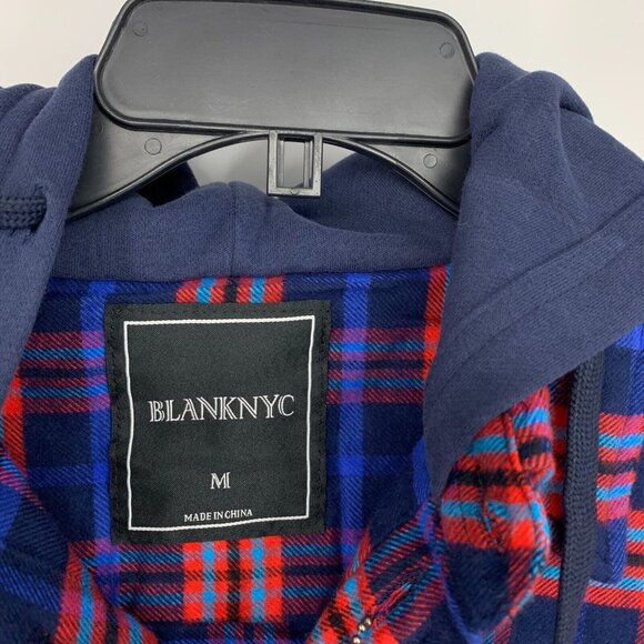 BlankNYC Shirt Mens Size Medium Button Down Plaid Hooded Long Sleeve Blue NWT - Picture 4 of 11